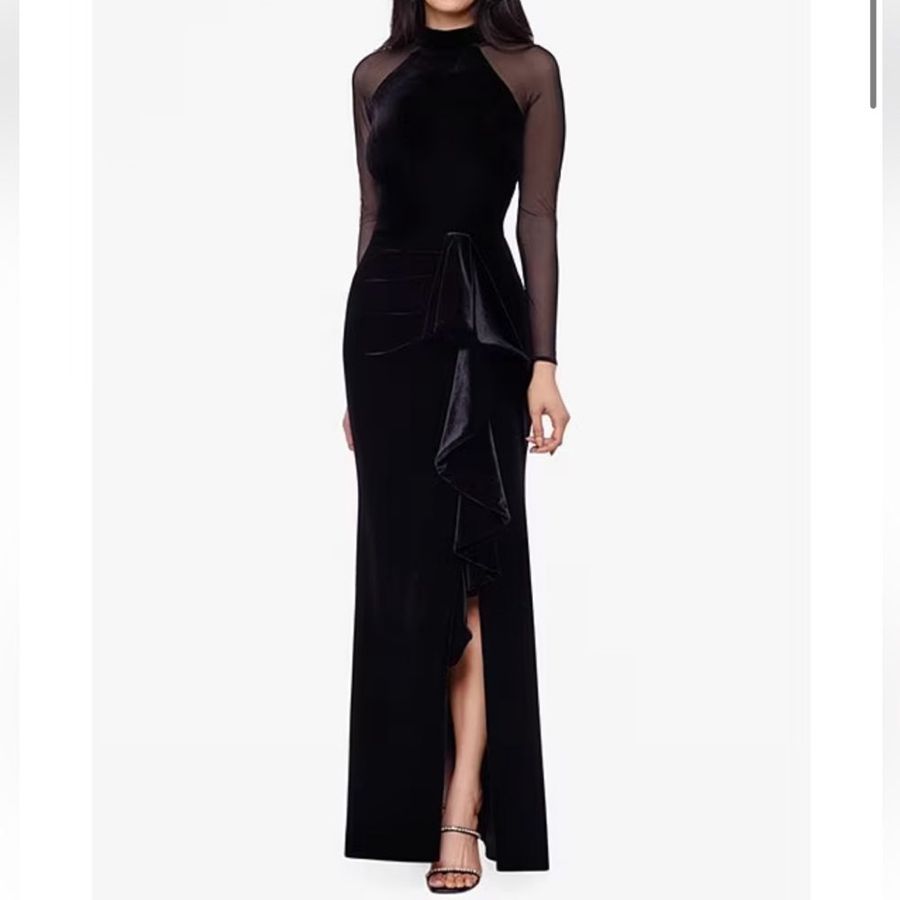BETSY & ADAM Sheer-sleeve Velvet Gown